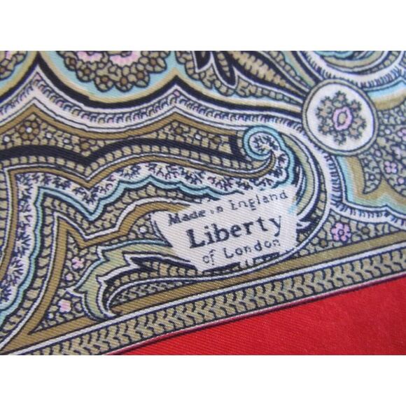 Vintage Liberty Of London Silk Scarf 23 x 23 in Pink Olive Fleur De Lis Red - Picture 13 of 16